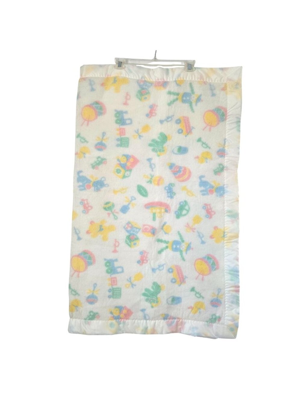 Vintage Acrylic Pastel Toy Pattern Nylon Trim Baby Blanket 40x48"